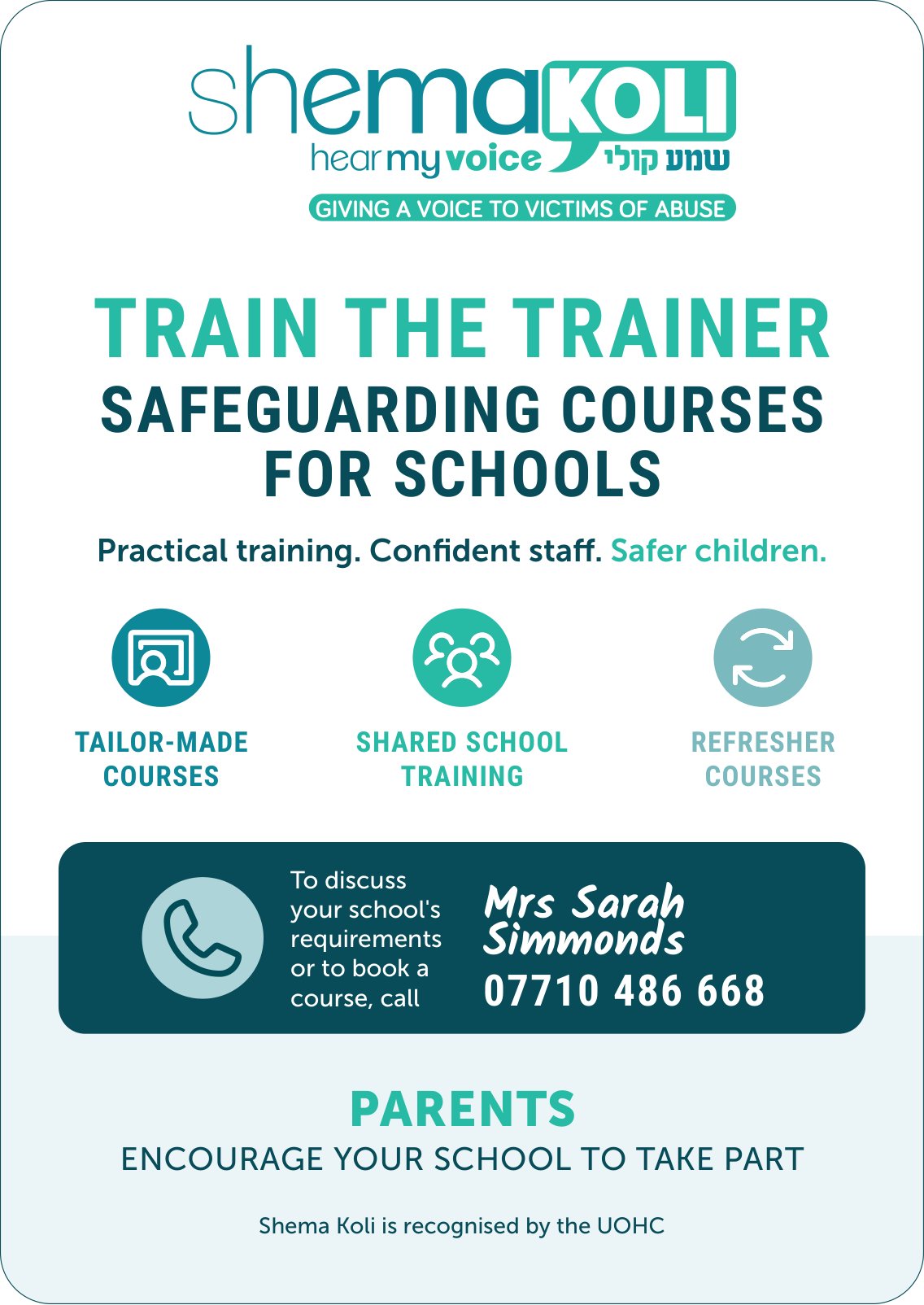 Shema Koli safeguarding courses for schools. Call Mrs Sarah Simmonds on 07710 486 668.
